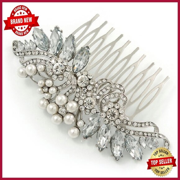 Rhodium Plated CZ Pearl Floral Side Hair Comb 100mm Wedding Party main image 7